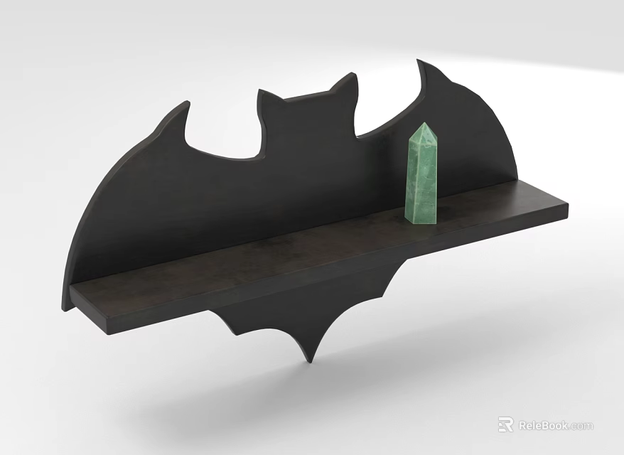 Black Bat Shaped Wall Cabinet With Green Decorative Object On Shelf 3d model 