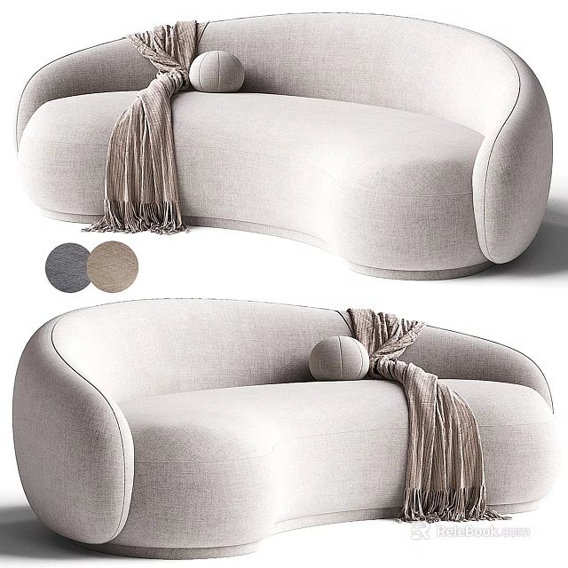 Modern Curved Neutral Sectional Sofa With Round Pillow And Fringed Throw 3d model 