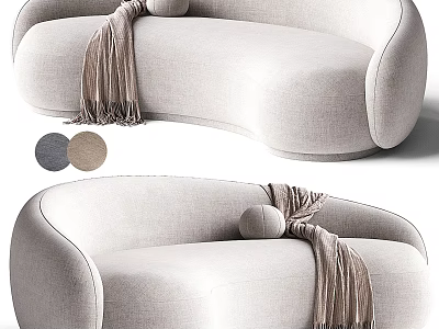Modern Curved Neutral Sectional Sofa With Round Pillow And Fringed Throw 3d model