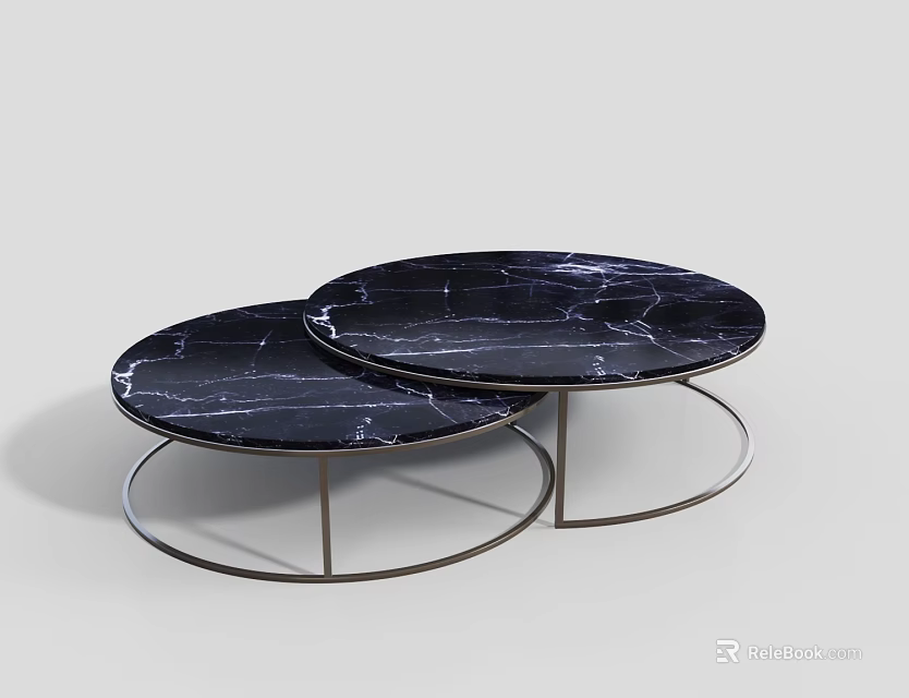 Modern Two Round Coffee Tables With Black Marble Top And Metal Base 3d model