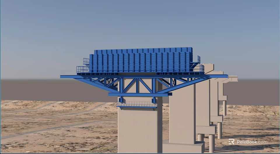 Construction Site With Large Blue Elevated Bridge Structure On Concrete Pillars 3d model