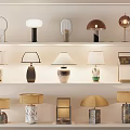 Stylish Table Lamps With Various Designs And Materials On Shelf 3d model