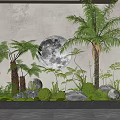 Tropical Courtyard Garden With Ferns Palm Tree Circular Moon Decoration Stones And Green Plants