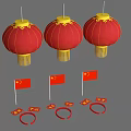 Red Lanterns With Yellow Top And Tassels Alongside Chinese Flags For Festival Decorations