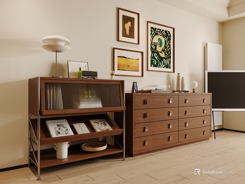 Wooden Chest of Drawers with Multiple Drawers Decorative Items and Framed Artworks in Living Room 3d model 