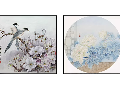 Traditional Chinese Paintings With Birds And White Blue Flowers In Circular Design 3d model