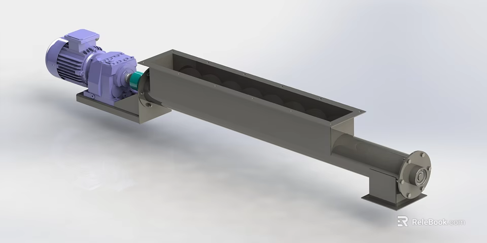 Industrial Screw Conveyor Equipment Featuring Purple Motor and Helical Blades in Conveying Trough 3d model 