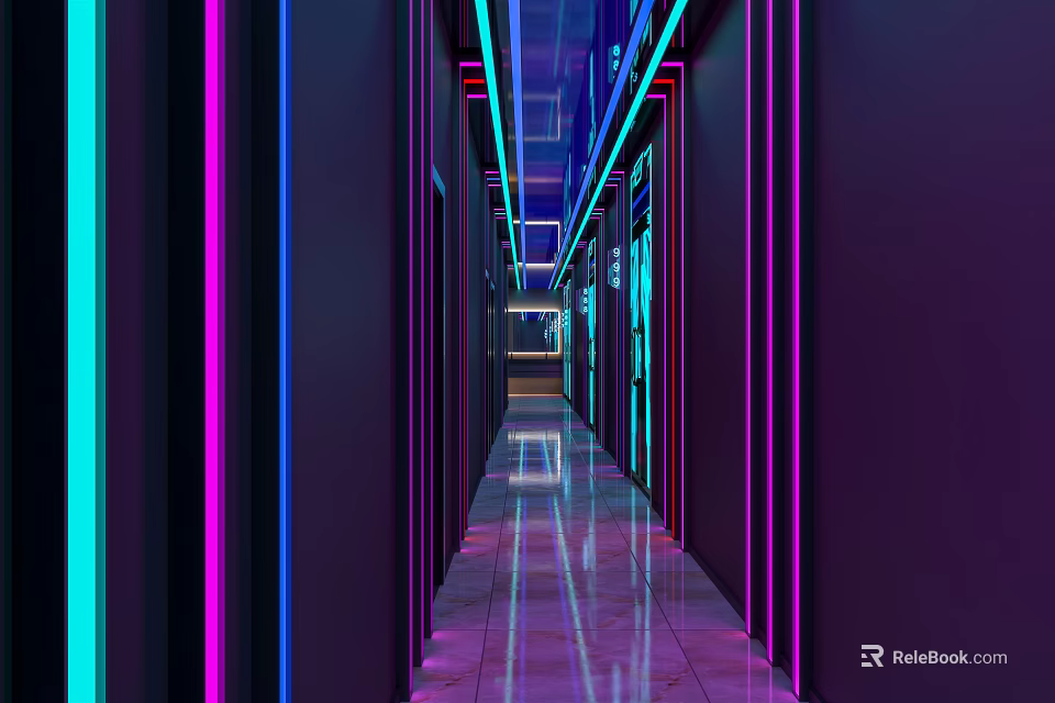 Modern Elevator Corridor With Neon Lights Reflective Floor And Side Doors 3d model 