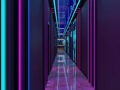 Modern Elevator Corridor With Neon Lights Reflective Floor And Side Doors 3d model