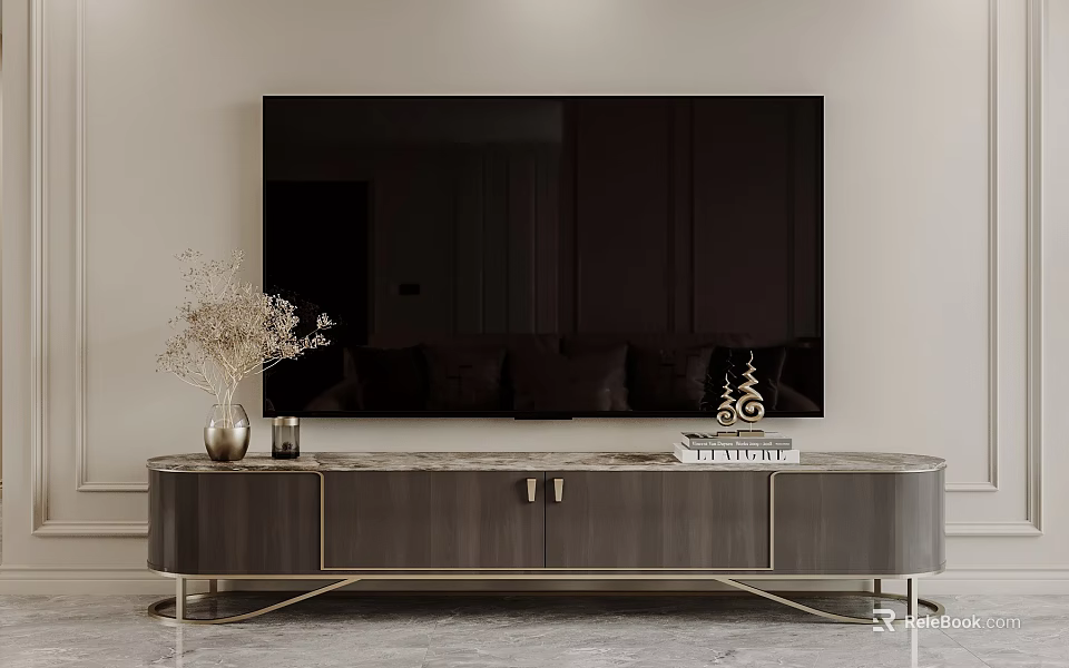 Modern TV Stand With Marble Top Metal Legs Dried Flowers Vase And Decorative Figurine 3d model 