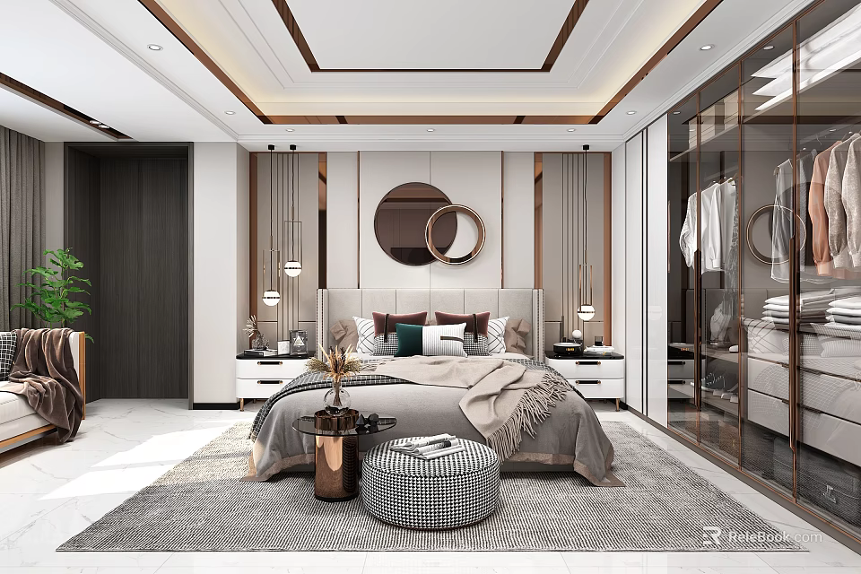 Modern Bedroom Interior With Large Bed Round Mirrors Rug Nightstands And Pendant Lights 3d model 
