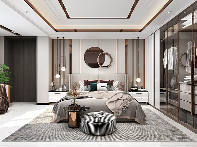 Modern Bedroom Interior With Large Bed Round Mirrors Rug Nightstands And Pendant Lights 3d model