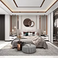 Modern Bedroom Interior With Large Bed Round Mirrors Rug Nightstands And Pendant Lights