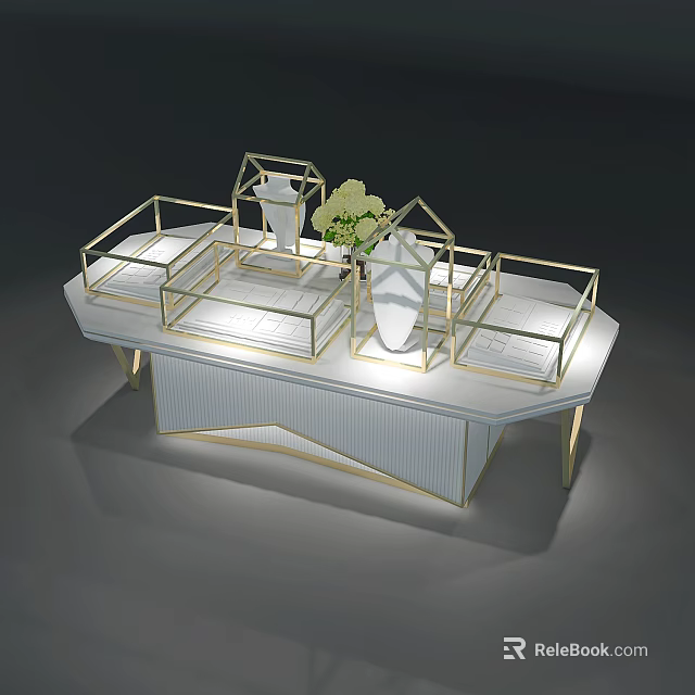 Luxury Store Display Counter With Gold Frame Glass Cases And Green Flower Arrangement 3d model 