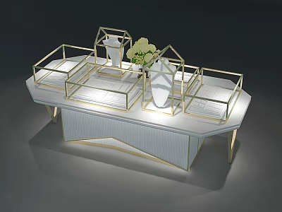 Luxury Store Display Counter With Gold Frame Glass Cases And Green Flower Arrangement 3d model