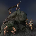 Roman Soldiers and Small Humanoid Figures on Rocky Mountain Sculpture with Dynamic Poses