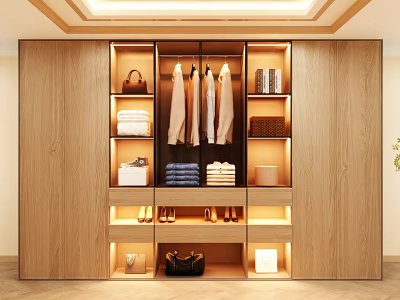 Modern Wooden Wardrobe With Partitioned Storage Hanging Clothes Folded Towels Bags Shoes And Integrated Lighting 3d model