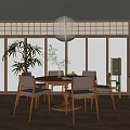 Cozy Restaurant Interior With Wooden Round Table Lattice Windows Hanging Lantern Green Plants And Natural View