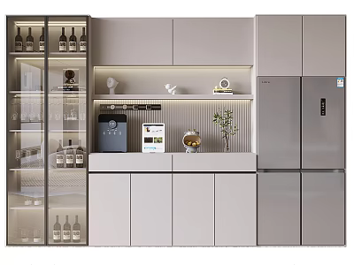 Elegant Modern Wine Cabinet With Glass Doors Wine Bottles And Lighting In Kitchen Interior 3d model