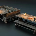 Rustic Wooden Dining Table Set With Benches Candles Cups And Bread