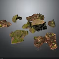 Wooden Stone Pieces with Green and Red Moss Scattered on Dark Background Natural Texture