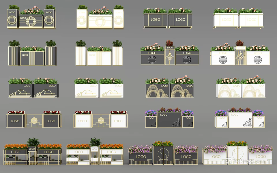 Stylish Modern Garden Decorative Planters With Geometric Patterns Logo Elements And Flower Arrangements 3d model