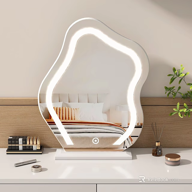 Lighted Vanity Mirror For Bedroom With Skincare Products Aromatherapy And Green Plant 3d model 