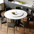 Modern Restaurant Dining Space With Round Marble Table Gray Chairs And Dark Cabinets 3d model
