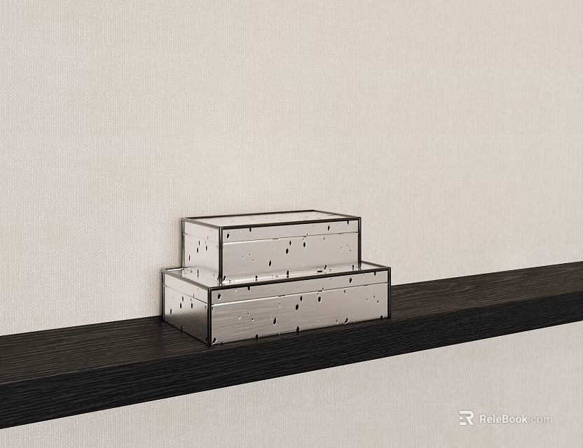 Two Silver Dotted Boxes Stacked On Dark Shelf Against Light Wall 3d model 