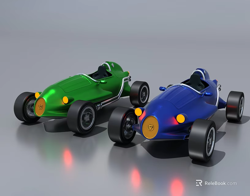 Green And Blue Vintage Race Cars With Open Cockpits Yellow Headlights And Black Tires 3d model 