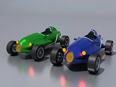 Green And Blue Vintage Race Cars With Open Cockpits Yellow Headlights And Black Tires 3d model