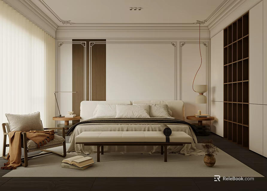 Elegant Bedroom Interior With White Bed Pillows Bench And Floor Lamp 3d model 