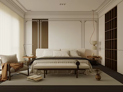 Elegant Bedroom Interior With White Bed Pillows Bench And Floor Lamp 3d model