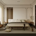 Elegant Bedroom Interior With White Bed Pillows Bench And Floor Lamp