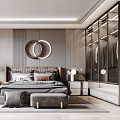Modern Bedroom Interior With Large Bed Nightstands Circular Decor Wardrobe And Floor to Ceiling Window