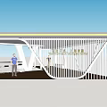 Modern White Pergola Design With Curved Structure And Yellow Top Edge 3d model