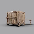 Vintage Wooden Cart With Spoked Wheels And Small Side Table Design