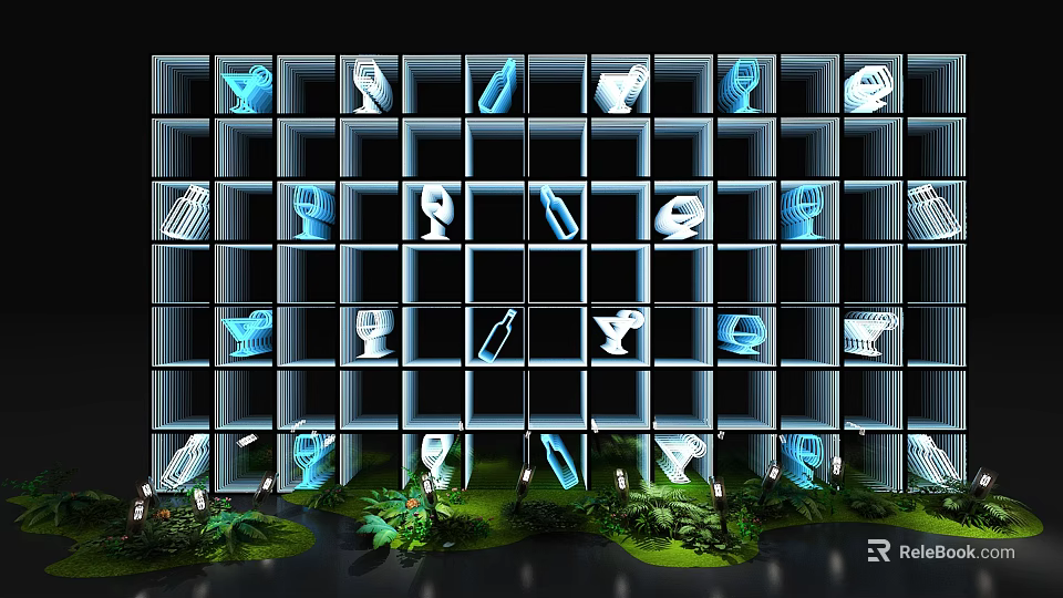 Modern Commercial Equipment Display in Grid Shelves With Blue Lighting and Green Plants 3d model 
