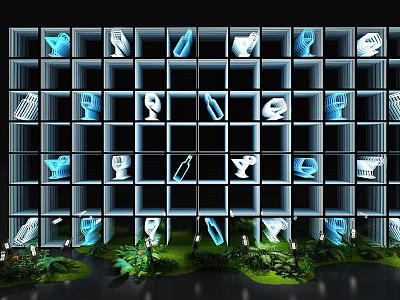 Modern Commercial Equipment Display in Grid Shelves With Blue Lighting and Green Plants 3d model