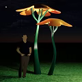 Orange Flower Shaped Structures On Green Grass With Blue Sky White Clouds And Man 3d model