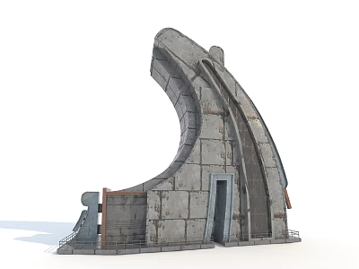 Cartoon Scene Featuring Curved Stone Building With Brick Texture Door And Arch Design 3d model