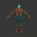 Man wearing Spider Man costume with red and blue suit standing against gray background