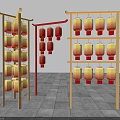 Illuminated White and Red Lanterns Hanging on Wooden Frames in Rows 3d model