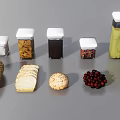 Assorted Food Items Including Bread Sliced Crackers Cherries Muffin And Storage Jars 3d model