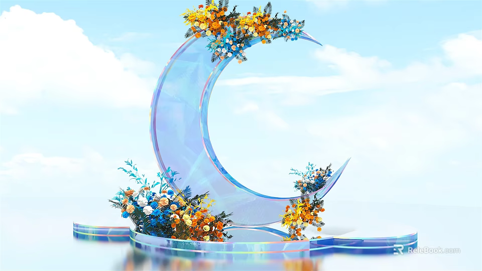 Transparent Crescent Structure Adorned With Yellow And Blue Flowers On Clear Base 3d model 