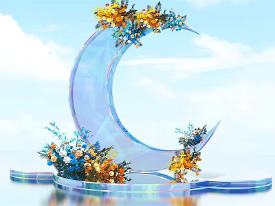 Transparent Crescent Structure Adorned With Yellow And Blue Flowers On Clear Base 3d model