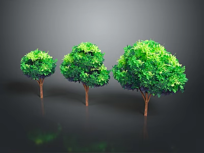 Three Lush Green Trees Standing Together With Dense Foliage And Brown Trunks 3d model
