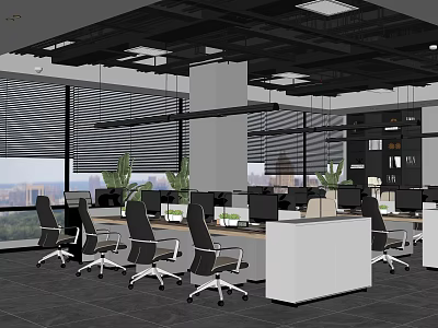 Modern Public Office Space With Open Layout Office Desks Chairs Green Plants And Large Windows 3d model