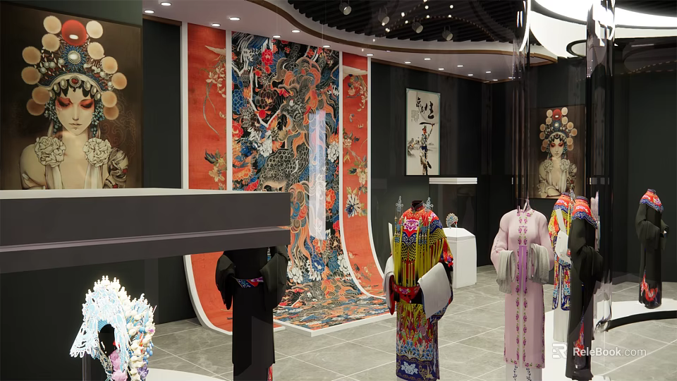 Traditional Chinese Costumes Exhibition With Decorative Paintings Opera Masks And Cultural Display Area 3d model 