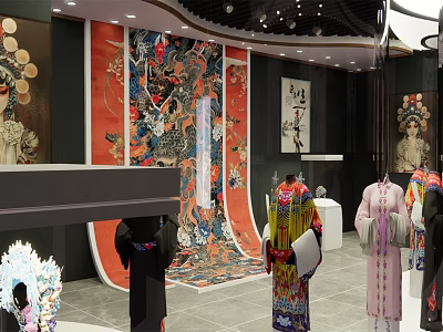 Traditional Chinese Costumes Exhibition With Decorative Paintings Opera Masks And Cultural Display Area 3d model